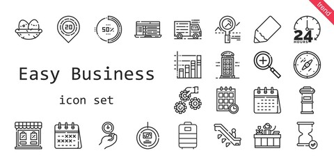 easy business icon set. line icon style. easy business related icons such as calendar, settings, zoom in, escalator, truck, wall clock, store, nest, pencil, laptop, trolley