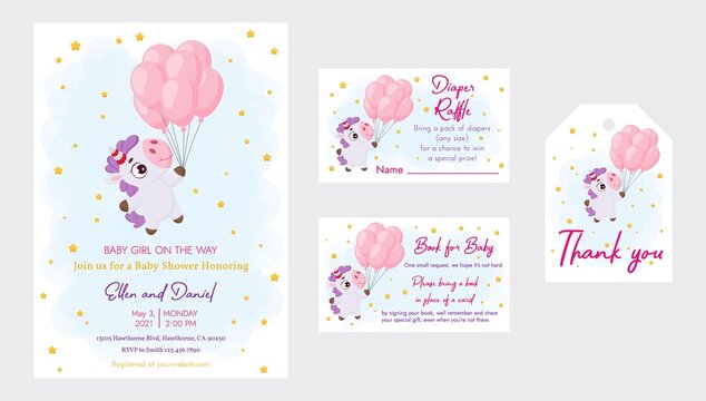 Baby Shower printable party invitation card template Baby girl on the way with Diaper Raffle, Book for baby and Thank you tag. Invitation set with cute magical unicorn flying on balloons.