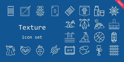 texture icon set. line icon style. texture related icons such as love, dress, beach towel, paint brush, foam, strawberry, wool ball, milk, ladybug, ace of diamonds, heart, spider web, phantom