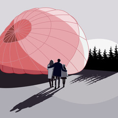A young family before a hot air balloon trip. Vector illustration.
