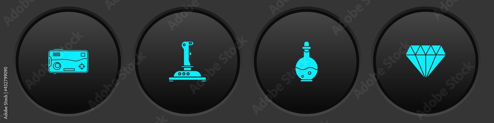 Poster set mobile and playing in game, joystick for arcade machine, bottle with magic elixir and diamond ic