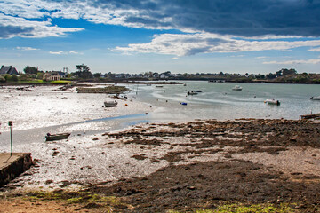 Belz. Ile de Saint-Cado. Contre-jour sur la plage couverte de goémon. Morbihan. Bretagne