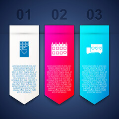 Set Chocolate bar, Calendar with heart and Like and. Business infographic template. Vector