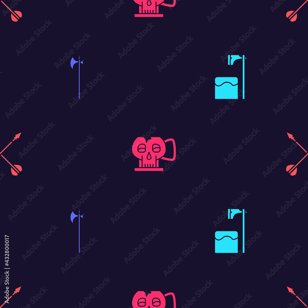 Poster set executioner axe in tree block, medieval halberd, cup from the skull and crossed arrows on seamle