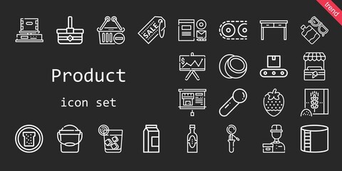 product icon set. line icon style. product related icons such as conveyor, sun lotion, basket, bread, scoop, delivery courier, branding, strawberry, milk, box, shopping basket, products, coconut