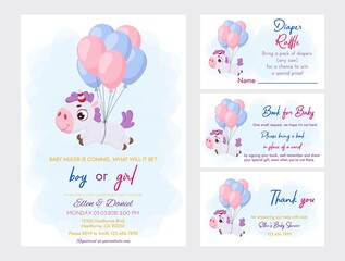 Baby Shower printable party invitation card template Baby boy or girl with Diaper Raffle, Book for baby and Thank you card. Invitation set with cute magical unicorn flying on balloons.
