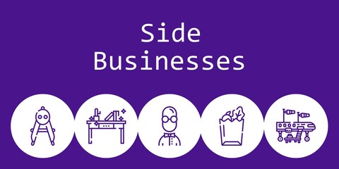 side businesses background concept with side businesses icons. Icons related compass, desk, airplane, paper bag, user