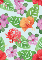 Seamless pattern of Hibiscus and Vinca flower background template. Vector floral element set for wedding invitations, greeting card, brochure, banners and fashion design.