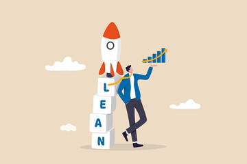 Lean startup using agile methodology to manage company for fast deliver or launch product, businessman showing growth graph leaning on box stack with the word LEAN with ready to rocket ship on top. - obrazy, fototapety, plakaty