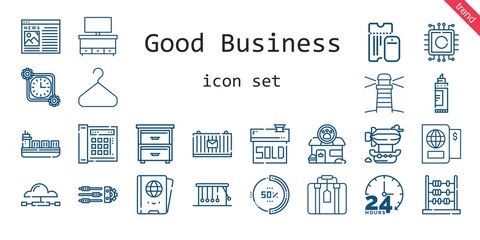 good business icon set. line icon style. good business related icons such as news, sold, settings, airship, suitcase, lighthouse, ship, drawer, cpu, telephone, cupboard, newtons cradle