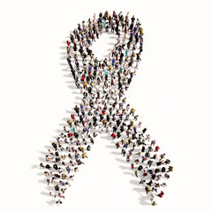 Concept conceptual large community of people forming the image of breast cancer symbol. 3d illustration metaphor for awareness, solidarity, life, prevention, support, help and cure