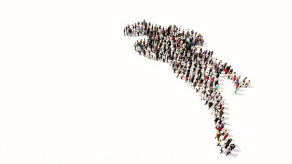 Concept conceptual large community of people forming the sign of a horse rider. 3d illustration metaphor for sport, competition,  training, relaxation,  hobby and fun