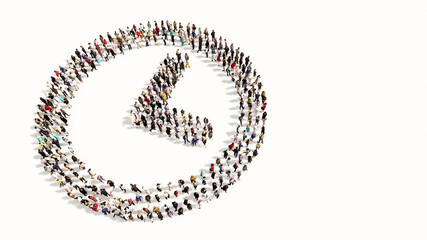 Concept conceptual large community of people forming the clock icon. 3d illustration metaphor for time, countdown,  chronometer, business and deadline