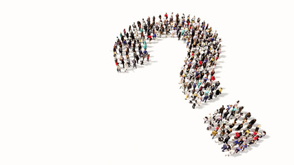 Concept conceptual large community of people forming the question mark. 3d illustration metaphor for communication, interrogation, advice, creative thinking, solution, support