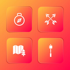 Set Compass, Crossed arrows, Location of the forest and Marshmallow stick icon. Vector