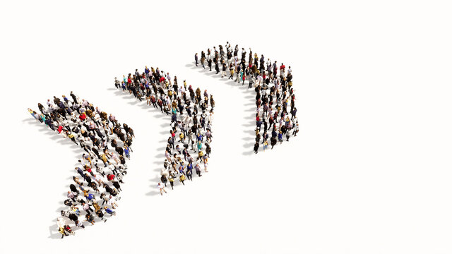 Concept conceptual large community of people forming the dangerous turn road sign. 3d illustration metaphor for caution, warning, safety and guidance