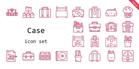 case icon set. line icon style. case related icons such as cd, chest, suitcase, file, luggage, briefcase, toolbox, voltmeter, files, first aid kit, pencil case, muffin,