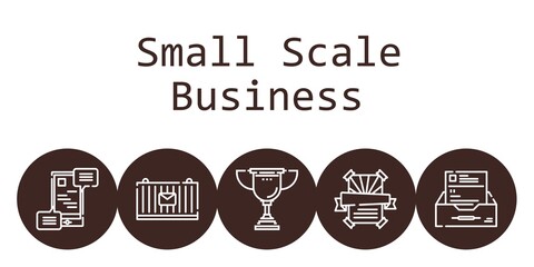 small scale business background concept with small scale business icons. Icons related communications, cargo, trophy, poster, inbox