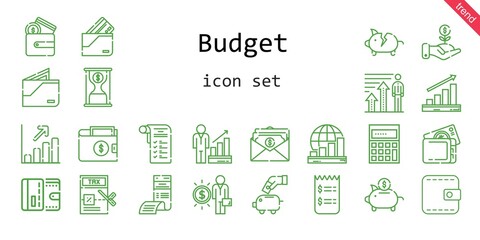 budget icon set. line icon style. budget related icons such as profits, shopping list, wallet, piggy bank, time is money, bill, investment, calculating, tax, invoice, salary,