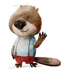 cute cartoon character beaver boy - obrazy, fototapety, plakaty