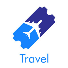 Fototapeta premium Logotipo con texto Travel y silueta de avión en tarjeta de embarque en color azul