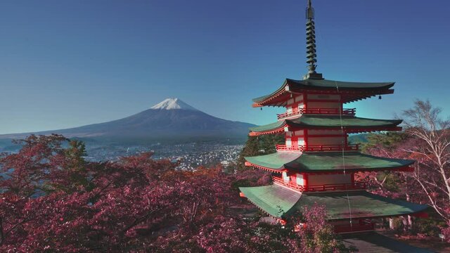 Autumn shot of Chureito Pagoda and Mt. Fuji in Japan
