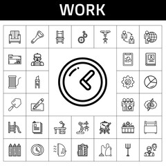 work icon set. line icon style. work related icons such as easel, artist, vacuum cleaner, shovel, bottle opener, cutter, employee, candidate, receptionist, pencils, tasks