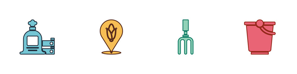 Set Full sack and wooden box, Location corn, Garden rake and Bucket icon. Vector