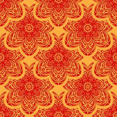 Red and yellow seamless pattern with vintage ornament. Good for murals, textiles, and printing. Vector illustration.