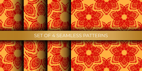 Set of red and yellow seamless pattern with vintage ornament. Good for clothing and textiles. Vector illustration.