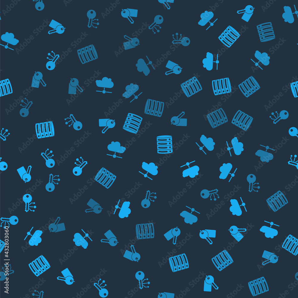 Poster set marked key, network cloud connection, server, data, web hosting and cryptocurrency on seamless p