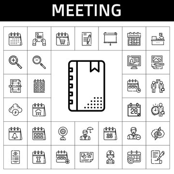 Meeting Icon Set. Line Icon Style. Meeting Related Icons Such As Calendar, Zoom In, Brainstorm, Contract, Employee, Agenda, Clerk, Planning, Video Call, Webcam, Projector