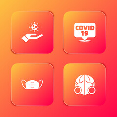 Set Hand with virus, Corona on location, Medical protective mask and Earth medical icon. Vector