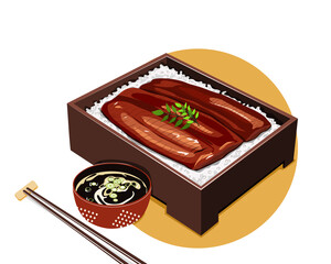 Unagi Kabayaki Japanese Ele Grilled with sweet sauce in bento box with soup and chopsticks. Isolated Unagi bento on white background. Asian Food drawing vector illustration  