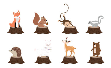 Cute woodland object collection with skunk,bear,fox,deer,stump and leaves.Vector illustration for icon,sticker,printable