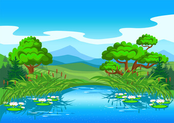 Fairy tale lake in the reeds and with beautiful water lilies against the backdrop of a beautiful landscape with mountains. Vector illustration in cartoon style.
