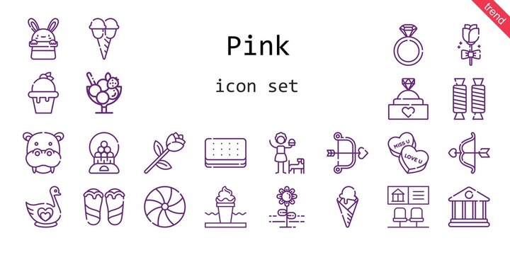 pink icon set. line icon style. pink related icons such as candy, engagement ring, swan, girl, flower, cupid, hippopotamus, bank, ice cream, candy machine, rose, flip flops, sweet, bunny,