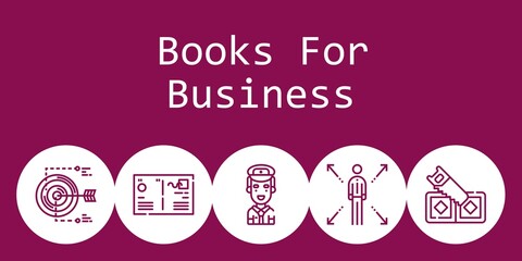 books for business background concept with books for business icons. Icons related pilot, postcard, saw, target, network