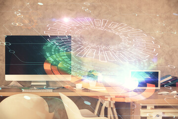 Multi exposure of data theme drawing and office interior background. Concept of technology.