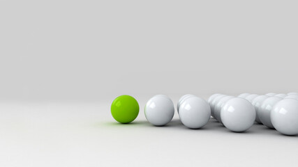 Green ball ahead of white balls. Conception of leadership. 3d render