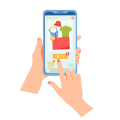 Online shopping concept with women hand holding smartphone and online shop icons vector illustration. Pointing to the screen, shop online store on the smartphone. Orders clothes from the online store

