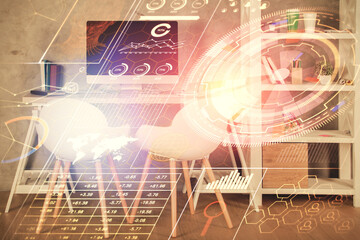 Multi exposure of data theme drawing and office interior background. Concept of technology.