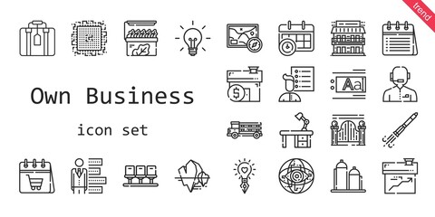 own business icon set. line icon style. own business related icons such as calendar, suitcase, idea, news reporter, truck, cpu, text editor, store, rocket ship, silo
