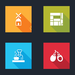 Set Windmill, House Edificio Mirador, Spanish cook and Castanets icon. Vector