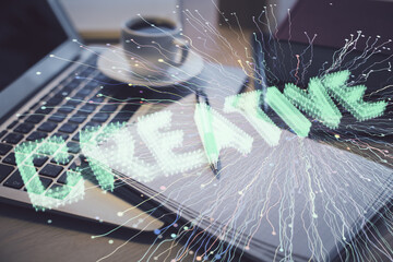 Double exposure of creative drawing and desktop with coffee and items on table background. Concept...