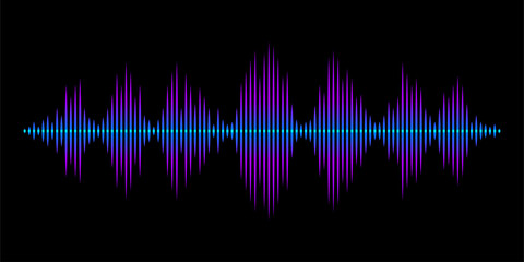 Sound wave rhythm. Colorful digital equalizer. Abstract wavy stripes on a black background isolated.
