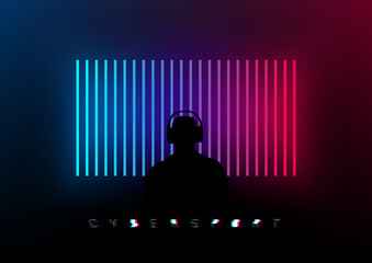 Silhouette of a gamer in front of a creative blue pink glowing stripes on a dark background. Design for a banner or cover of gaming events. Cybersport concept. Vector - obrazy, fototapety, plakaty