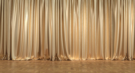 gold curtains and wooden floor.