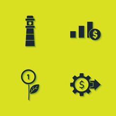 Set Lighthouse, Gear with dollar, Dollar plant and Pie chart and icon. Vector