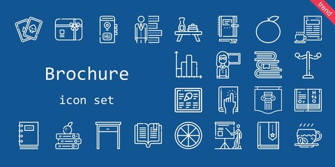 brochure icon set. line icon style. brochure related icons such as rack, cards, gift card, book, menu, orange, presentation, books, science book, coffee, bar chart, poster, table, guide, notebook